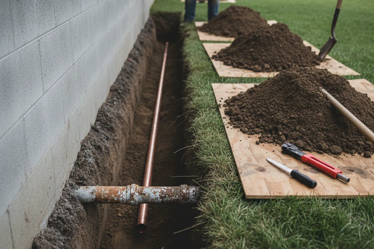 Excavated water line trench during Water Softener Installation in Forsyth